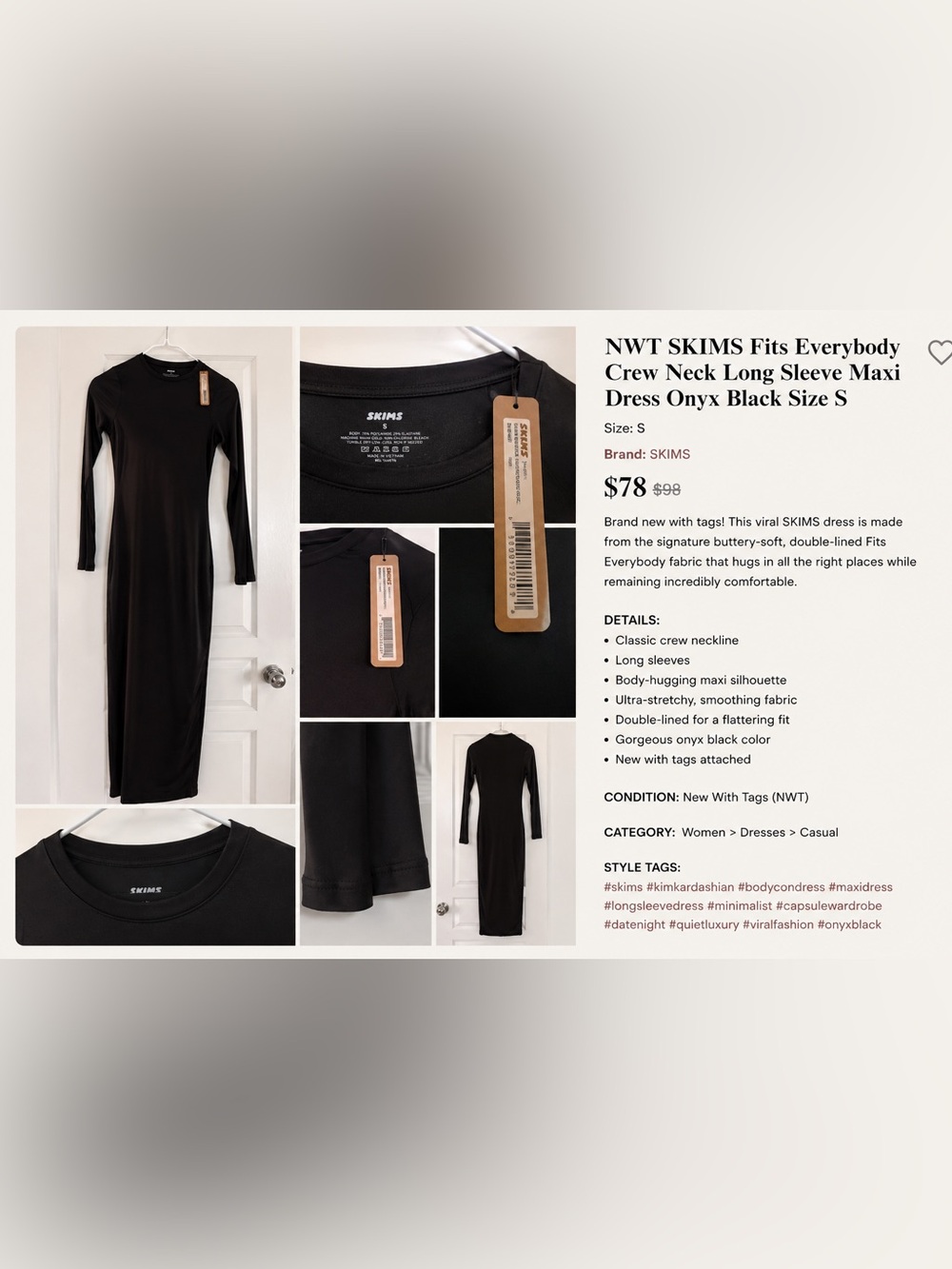 SKIMS Onyx Black Long Sleeve Crew Neck Maxi Dress